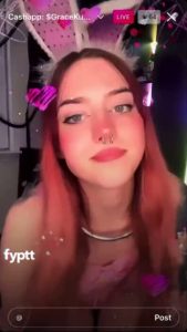 Cute girl with pink bunny headband flashes her tits on livestream